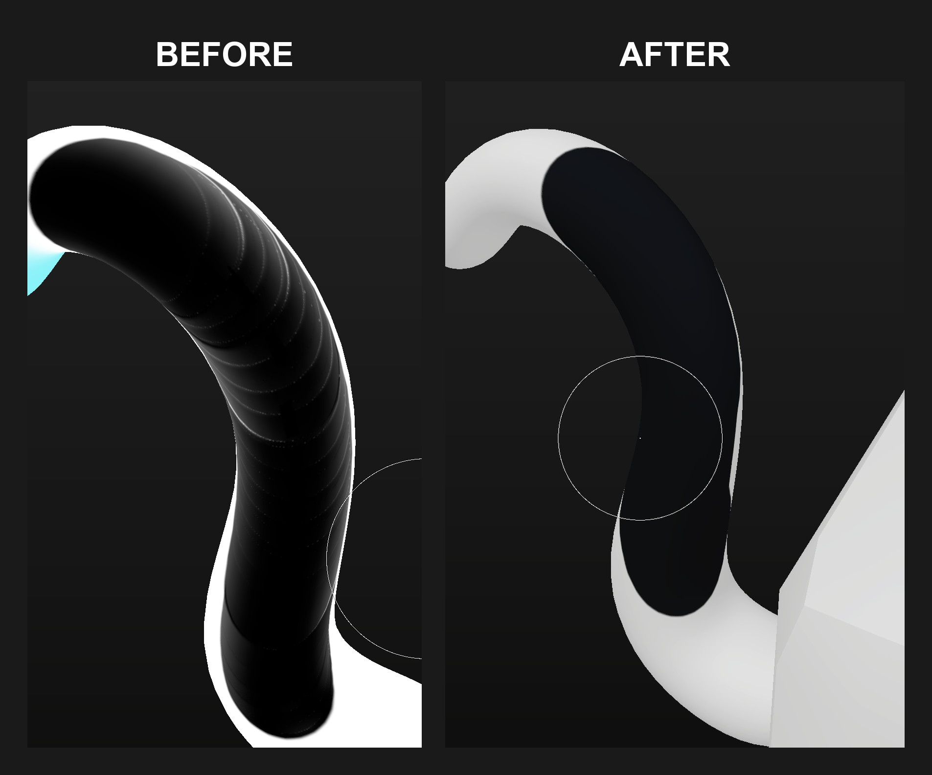 The same painted tail before and after the 1.2.2 fixes: arcs and gaps along the stroke on the left, solid coverage on the right.